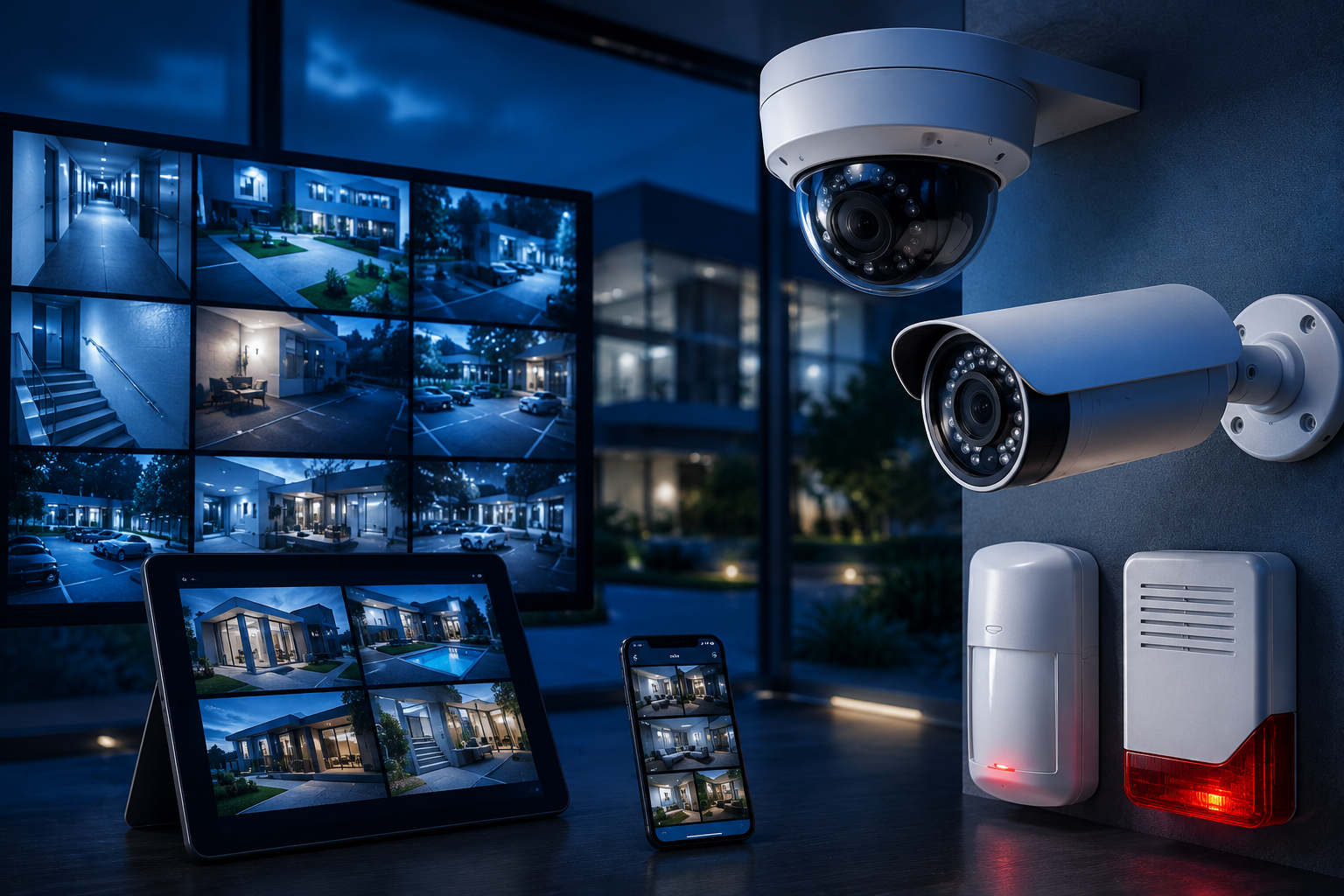 Sistema de CFTV corporativo com câmeras, monitor e alarme